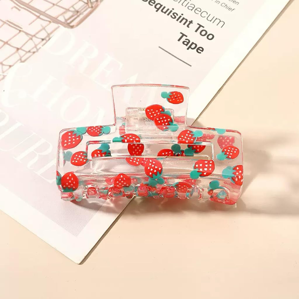 Medium Strawberry Cherry Hair Clips for Women,In Red Cherry and Strawberry Print Hair Clip for Thick Hair, Acrylic Hair Clips Claws,Fun Claw Clips 2Pc