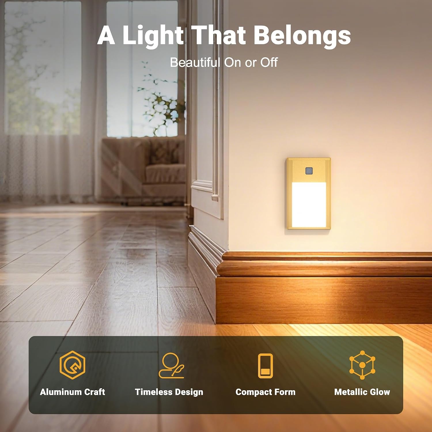 Rechargeable Motion Sensor Night Light, 8-Pack Gold, 3000K | Painted Aluminum Alloy, Ultra-Thin Magnetic Mount, Warm White Glow, Ideal for Hallways, Bedrooms , Stairs & Nightly Use