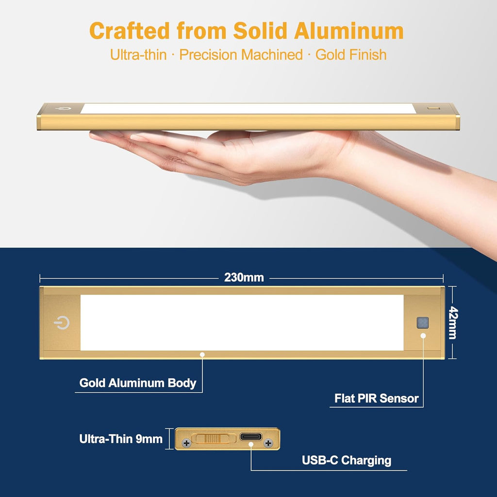 Motion Sensor Cabinet Light, Rechargeable, Dimmable, 2Pcs, 9In | Silver Aluminum, Magnetic Wireless, 1800Mah, 3 Color Temps & Dimmable, Ideal for Kitchen, Pantry & Closets