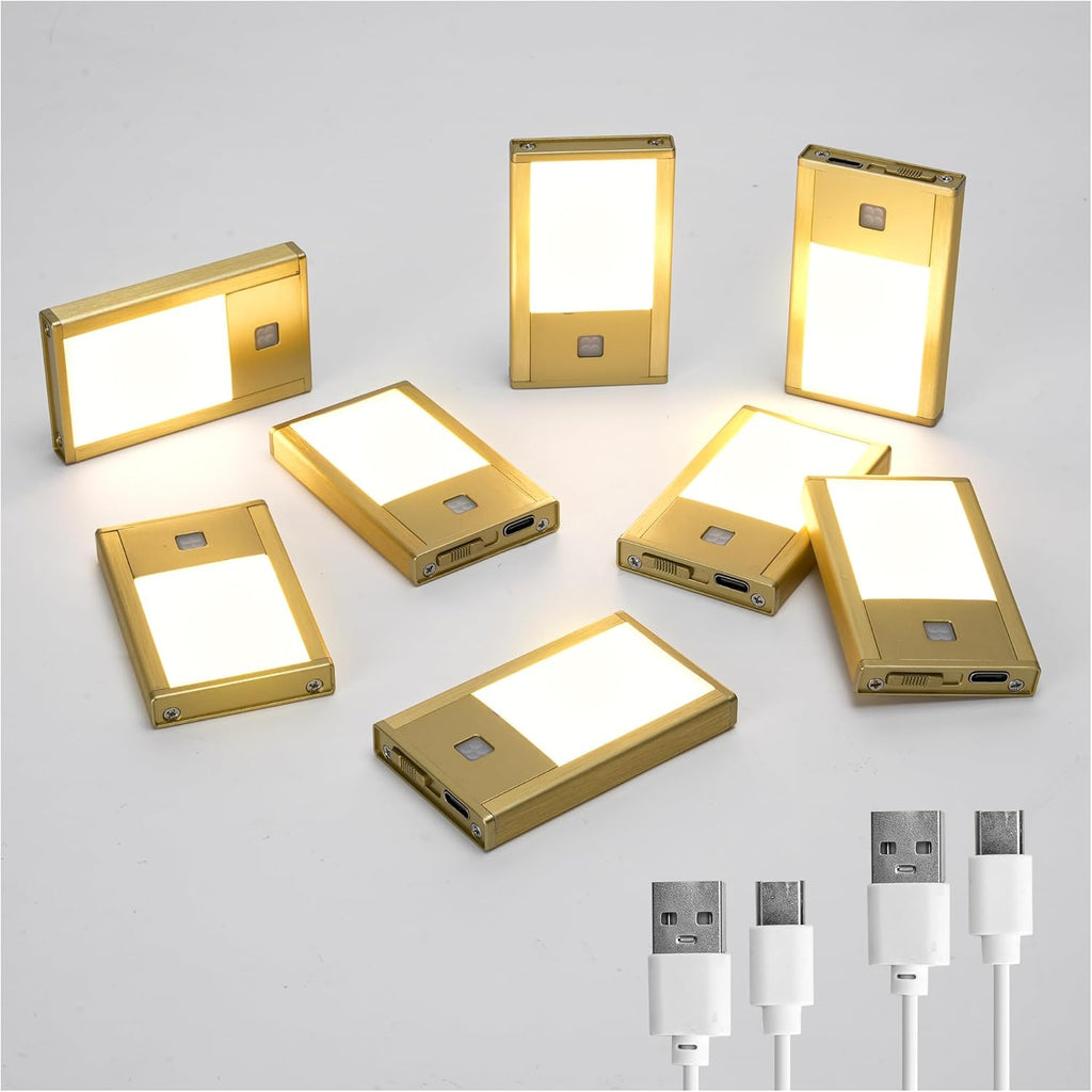 Rechargeable Motion Sensor Night Light, 8-Pack Gold, 3000K | Painted Aluminum Alloy, Ultra-Thin Magnetic Mount, Warm White Glow, Ideal for Hallways, Bedrooms , Stairs & Nightly Use