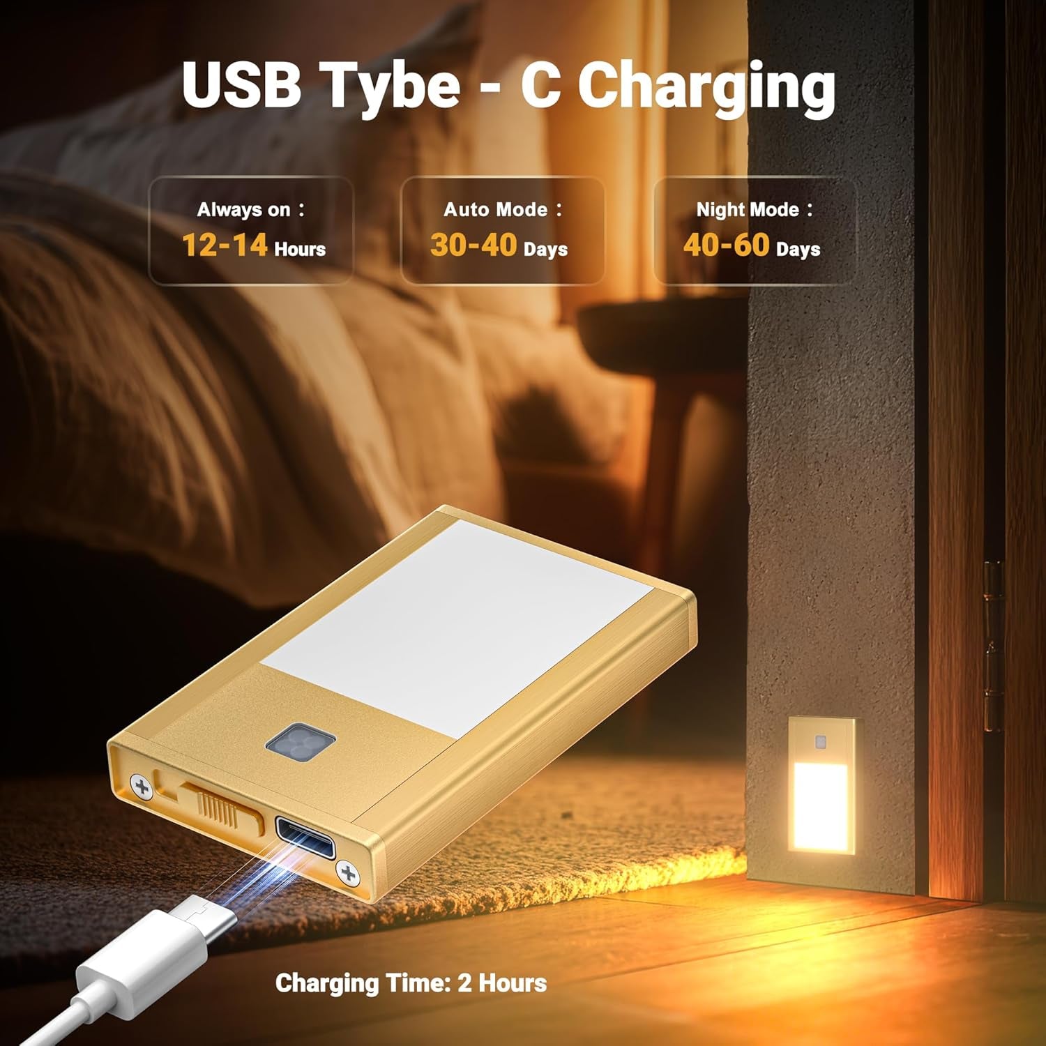 Rechargeable Motion Sensor Night Light, 8-Pack Gold, 3000K | Painted Aluminum Alloy, Ultra-Thin Magnetic Mount, Warm White Glow, Ideal for Hallways, Bedrooms , Stairs & Nightly Use