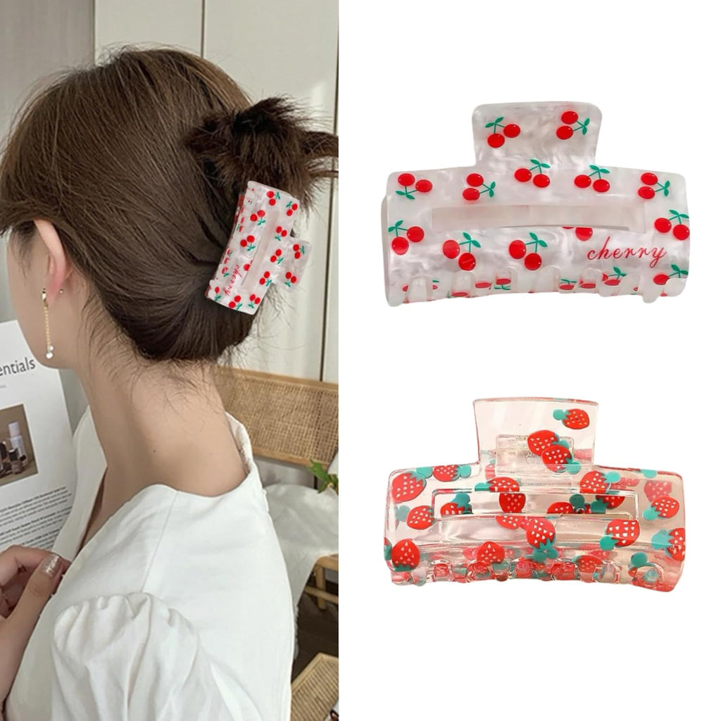 Medium Strawberry Cherry Hair Clips for Women,In Red Cherry and Strawberry Print Hair Clip for Thick Hair, Acrylic Hair Clips Claws,Fun Claw Clips 2Pc