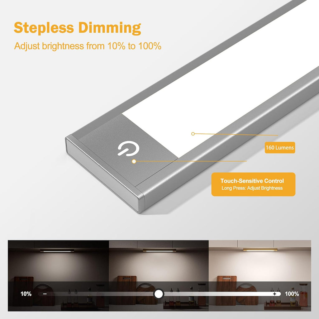 Motion Sensor Cabinet Light, Rechargeable, Dimmable, 2Pcs, 9In | Silver Aluminum, Magnetic Wireless, 1800Mah, 3 Color Temps & Dimmable, Ideal for Kitchen, Pantry & Closets