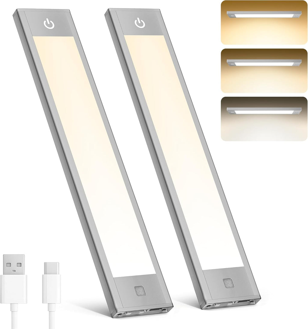 Motion Sensor Cabinet Light, Rechargeable, Dimmable, 2Pcs, 9In | Silver Aluminum, Magnetic Wireless, 1800Mah, 3 Color Temps & Dimmable, Ideal for Kitchen, Pantry & Closets