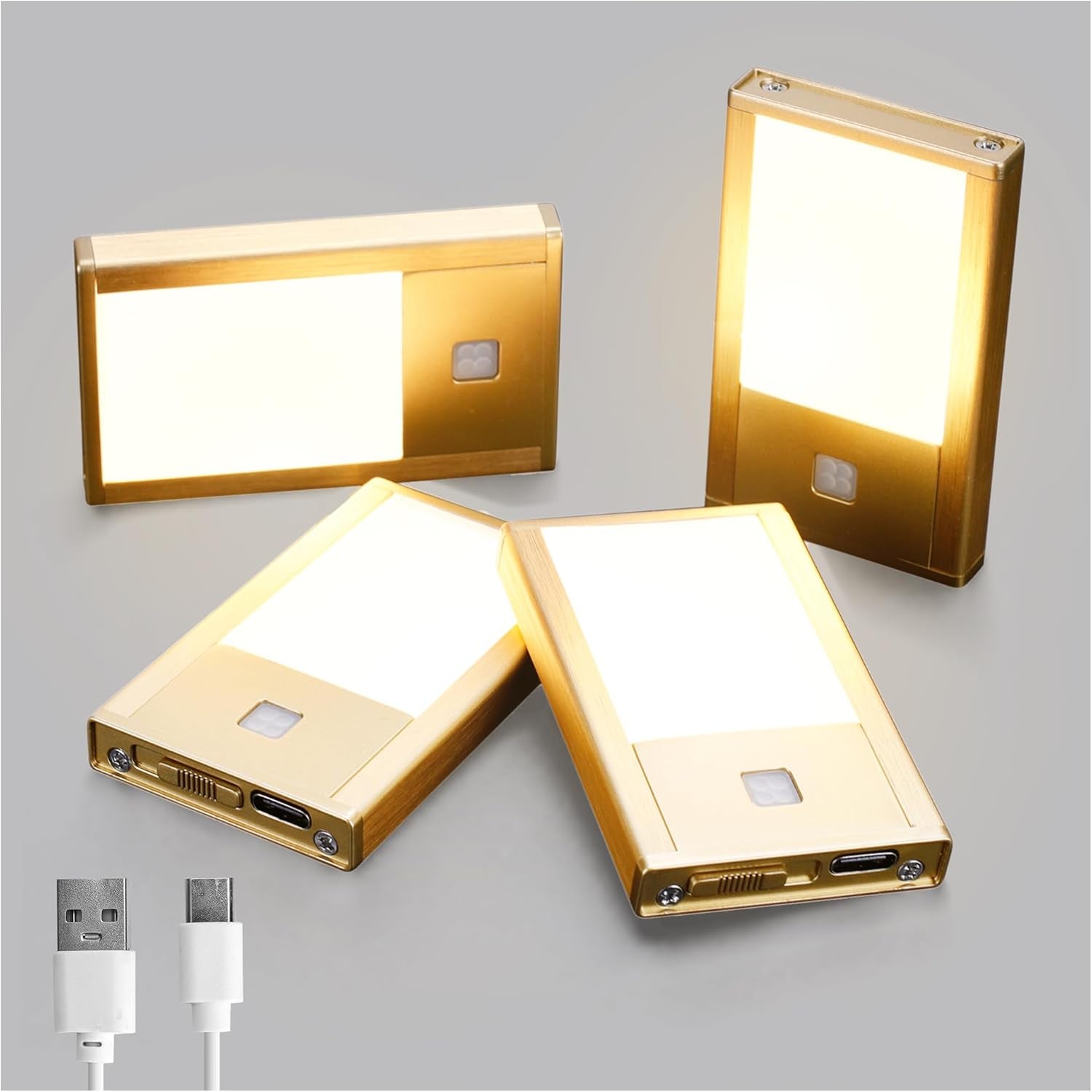 Rechargeable Motion Sensor Night Light, 4-Pack Gold, 3000K | Brushed Aluminum Alloy, Ultra-Thin LED, Magnetic Mount, Ideal for Safe Night Walking on Stairs, Hallways & Bedrooms