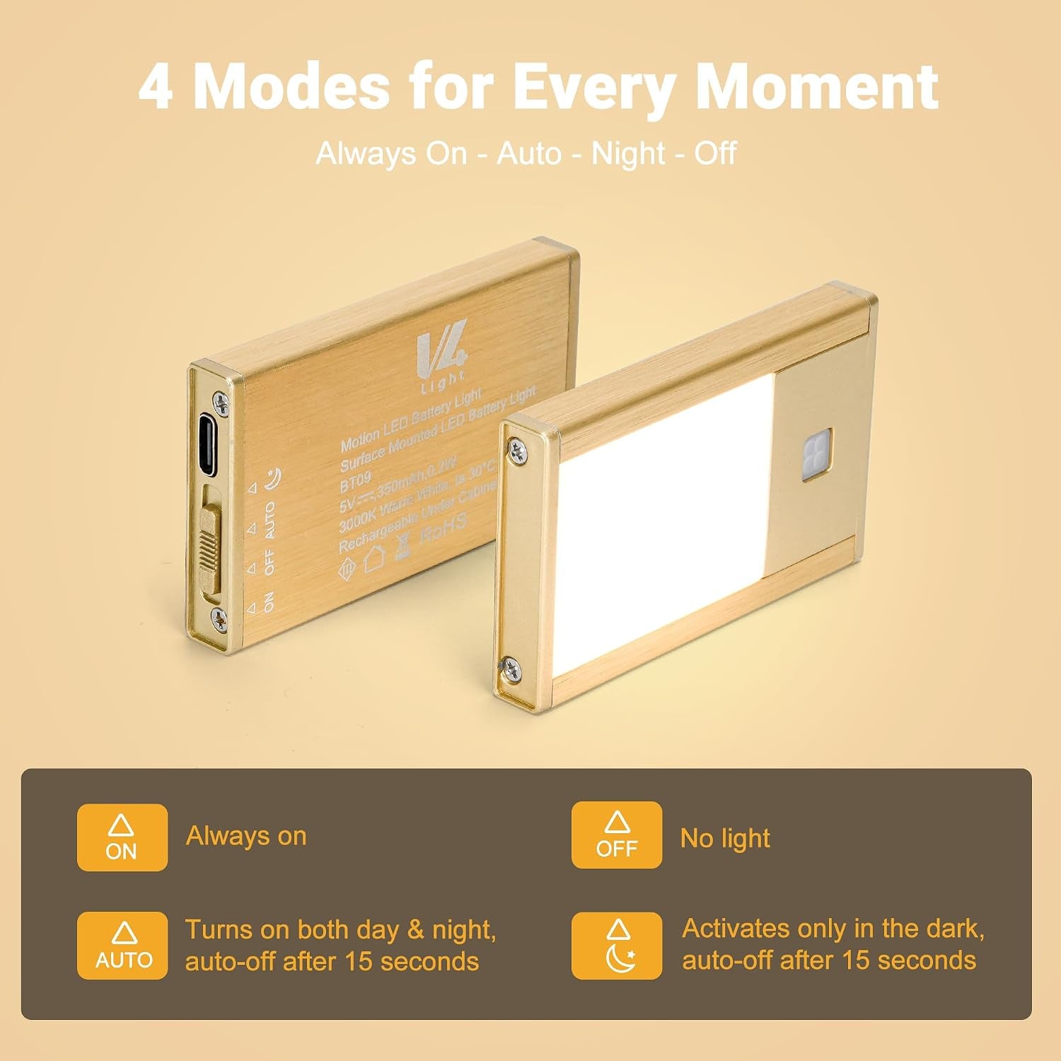 Rechargeable Motion Sensor Night Light, 8-Pack Gold, 3000K | Painted Aluminum Alloy, Ultra-Thin Magnetic Mount, Warm White Glow, Ideal for Hallways, Bedrooms , Stairs & Nightly Use