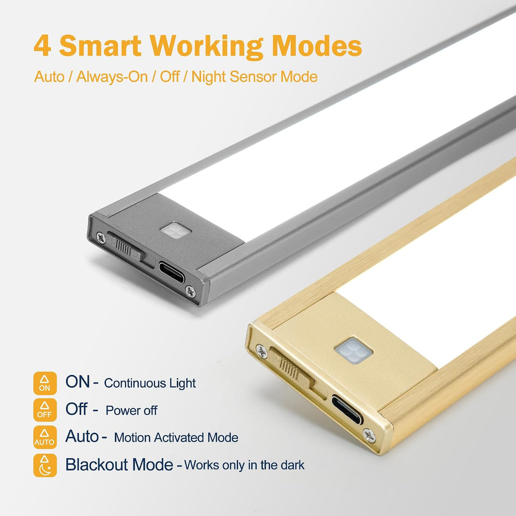 Motion Sensor Cabinet Light, Rechargeable, Dimmable, 2Pcs, 9In | Silver Aluminum, Magnetic Wireless, 1800Mah, 3 Color Temps & Dimmable, Ideal for Kitchen, Pantry & Closets