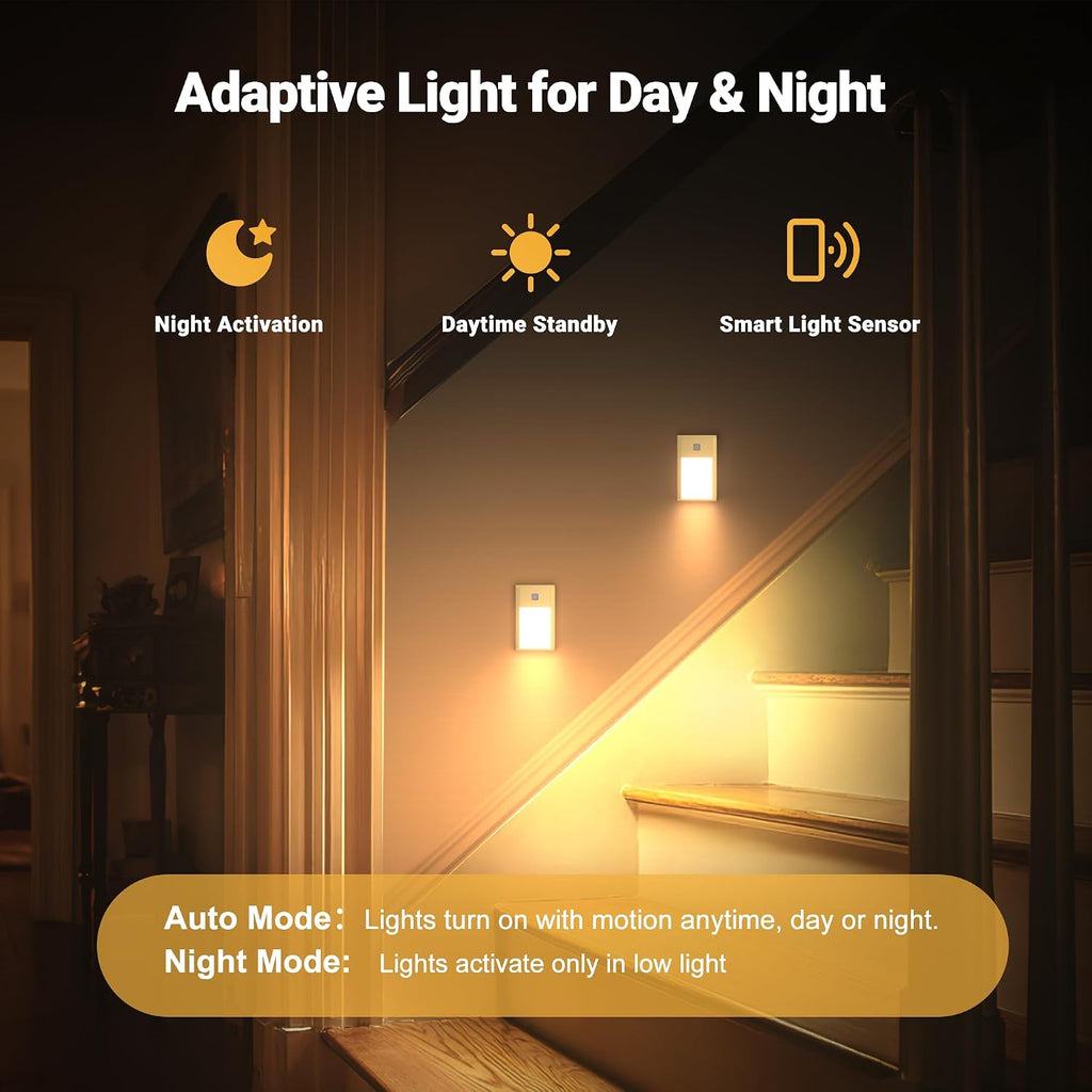 Rechargeable Motion Sensor Night Light, 4-Pack Gold, 3000K | Brushed Aluminum Alloy, Ultra-Thin LED, Magnetic Mount, Ideal for Safe Night Walking on Stairs, Hallways & Bedrooms