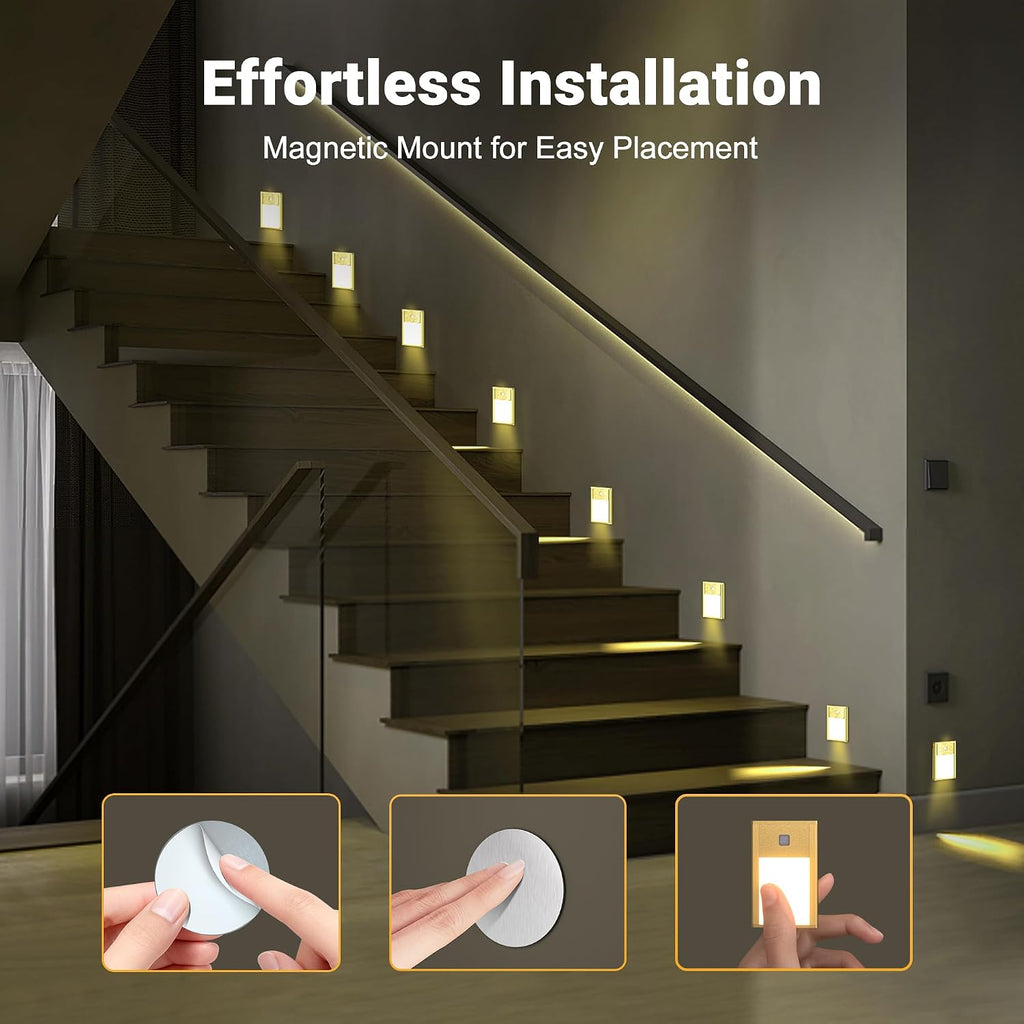 Rechargeable Motion Sensor Night Light, 4-Pack Gold, 3000K | Brushed Aluminum Alloy, Ultra-Thin LED, Magnetic Mount, Ideal for Safe Night Walking on Stairs, Hallways & Bedrooms